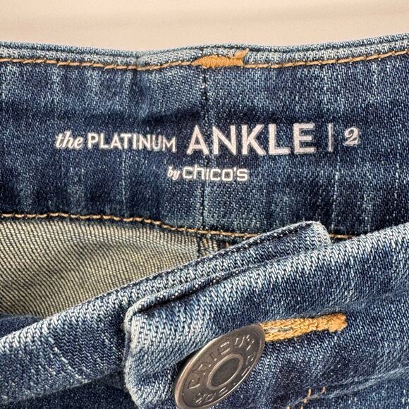 Chico's The Platinum ankle jeans size 12 embroidered lace cuff crop blue denim - Picture 7 of 8